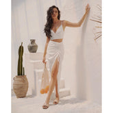 Ruched High-Slit Midi Skirt in Silk with Adjustable Drawstring Detail